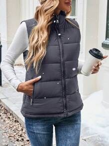 SHEIN LUNE Veste doudoune pour femmes avec fermeture éclair, col, poches, couleur unie, pour vêtements d'hiver