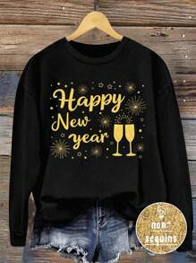 SHEIN LUNE Sudadera holgada de mujer con cuello redondo y estampado dorado minimalista y casual para otoño/invierno