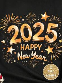 SHEIN EZwear Casual Happy New Year 2025 Print Oversized Round Neck Short Sleeve Women T-Shirt - Black - View 4