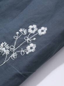 Women Blue Loose Floral Embroidered Shirt, Stand Collar, Spring,Fall Clothes Long Sleeve Top - Navy Blue - View 8