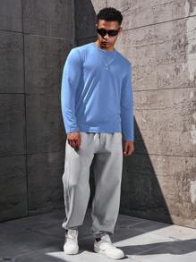 Manfinity Homme Men's Solid Color Round Neck Long Sleeve Casual Top, Daily Wear Tee, For Fall - Baby Blue - View 4