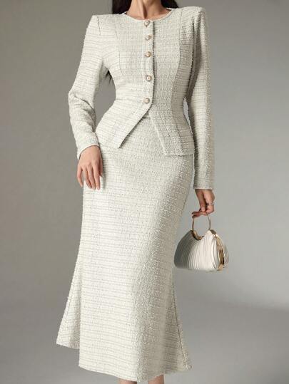 Heiryn Women 2pcs Set: Solid Color Round Neck Long Sleeve Single-Breasted Jacket And Fish Tail Midi Skirt, Elegant For Autumn/Winter 2 Pieces Set