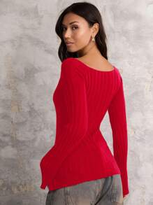 COSMINA Women's Fashionable Solid Color Hollow Out Lace-Up Sweater, Autumn - Red - View 3