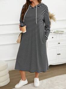 SHEIN LUNE Plus Size Women Side Pocket Black & White Striped Hooded Long Sleeve Midi Casual Dress Valentine's Day Dresses - Black and White - View 5