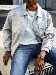 Manfinity LEGND Loose Fit Men's Flap Pocket Long Sleeve PU Leather Jacket - Silver - View 3