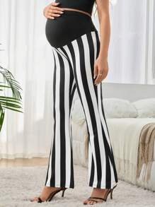 SHEIN Maternity Contrast Color Striped High Waist Sexy Flare Pants - Black and White - View 3