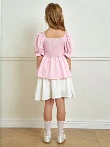 SHEIN Tween Girl Elegant Cute Bow Ruffle Puff Sleeve Blouse, Casual Vacation For Spring & Summer - Pink - View 2