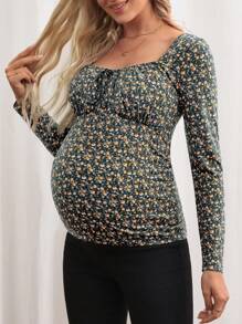SHEIN Maternity Front Tie Long Sleeve All-Over Print Casual T-Shirt - Multicolor - View 3