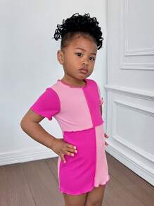 SHEIN Sparklyn 女宝宝可爱 Y2K 百搭日常居家粉色罗纹拼接短袖圆领迷你连衣裙 - 玫紅色 - 查看 6