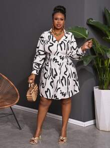 Slaydiva 女士优雅商务休闲印花收腰长袖衬衫裙，适合办公室穿着，秋季 - 杏色 - 查看 9