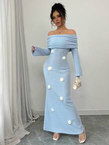 Calvaya Elegante Franse stijl Sexy Dagelijks/Feest Figuur-Flatterende V-hals Lange Mouw Bloemen Gebreide Stretch Zeemeermin Jurk, Blauwe Kleur, Herfst/Winter