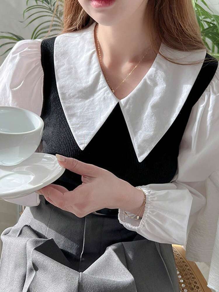Women's Peter Pan Collar Color Block Splice Long Sleeve T-Shirt, Spring/Summer/Autumn