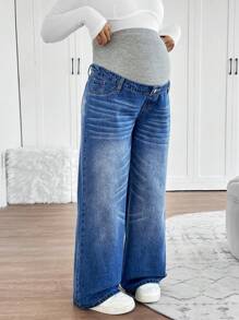 SHEIN Maternity Grey Knit Belly Support Blue Denim Loose Fit Pants - Blue - View 4
