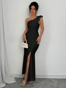Elenzga Vestido largo estilo sirena con volantes y abertura elegante - Negro - Ver 5