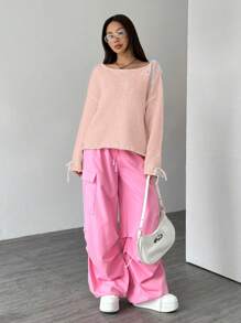 SHEIN MOOSTA Women Contrast Color Panel Lace-Up Long Sleeve Casual Knit Pullover Fall Winter Sweater - Baby Pink - View 5