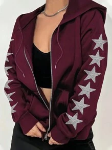 INAWLY Sudadera con capucha con cremallera delantera con cordón y strass en forma de estrella para mujer de talla grande, para graduación, vuelta al colegio, graduación, maestras, sudadera de otoño e invierno - Burdeos - Ver 1