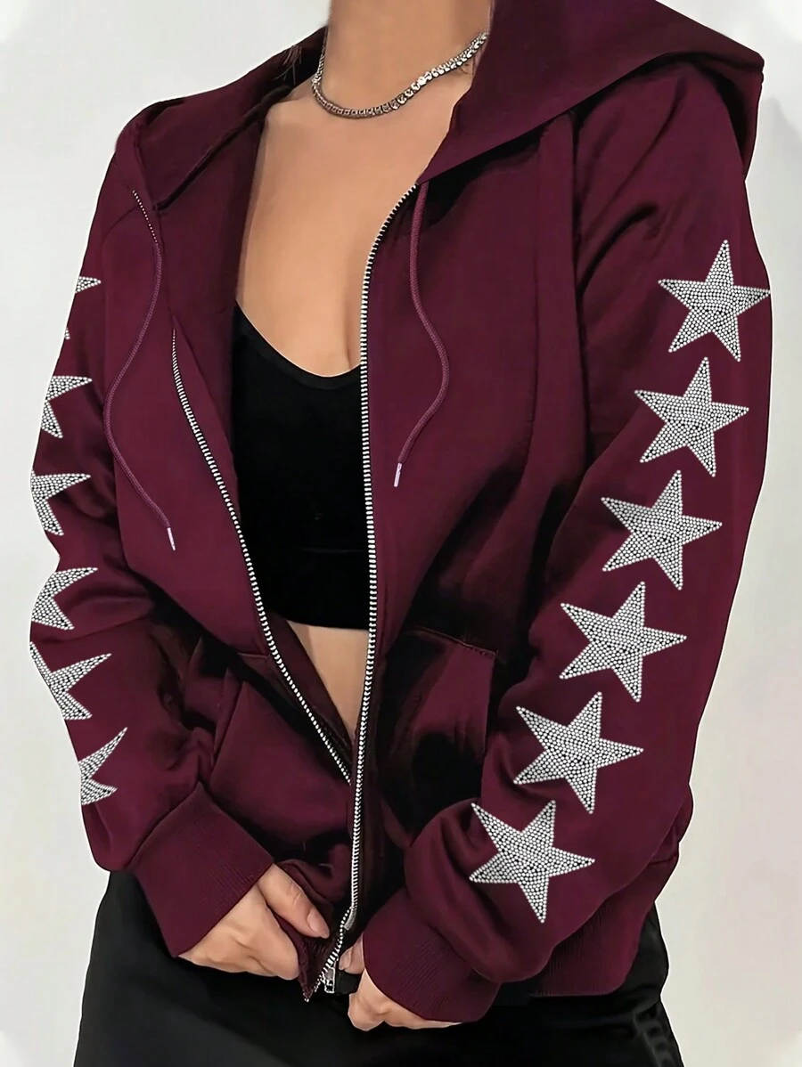 INAWLY Sudadera con capucha con cremallera delantera con cordón y strass en forma de estrella para mujer de talla grande, para graduación, vuelta al colegio, graduación, maestras, sudadera de otoño e invierno - Burdeos - Ver 1