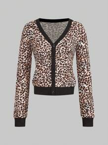 Jouncy Women's Leopard Print Long Sleeve Single Breasted Fashionable T-Shirt, Autumn Graphic Cheetah Print Tees Women Tops For Spring Fall Cloth For Women - Brown - View 2