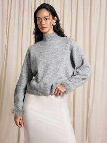 AiiRZ 奢华针织立领毛衣羽毛袖口细节冬季节日派对优雅套头衫家居服经典毛衣舒适长袖针织衫 - 灰色 - 查看 7