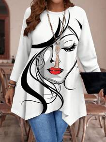 EMERY ROSE Camiseta holgada de mujer con cuello redondo y bajo asimétrico, manga 3/4, talla grande, otoño/invierno