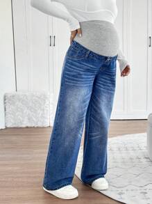 SHEIN Maternity Grey Knit Belly Support Blue Denim Loose Fit Pants - Blue - View 3