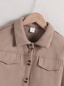 Tween Girl Plain Color Long Sleeve Single Breasted Casual Jacket, Autumn/Winter - Khaki - View 3