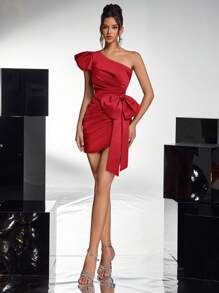 Glamrae Elegant Asymmetric Ruffle Side Bow Split Hem Bodycon Red Dress, Suitable For Dates, Parties, Cocktail, Weddings And Events, Wedding Guest Dress, Party Dress - Red - View 3