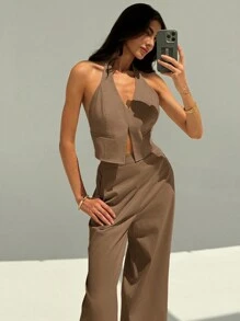 Aloruh Bộ 2 món áo hở lưng cổ chữ V sâu không tay và quần ống rộng, bộ đồ phong cách quý cô thanh lịch cho công sở, đi làm, dạo phố, làm thon gọn và tăng chiều cao, xuân/hè - Lạc đà - Xem 7
