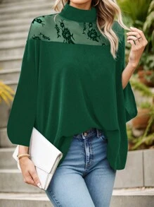 SHEIN Lady Lente en zomer Herfst en winter Elegante zwarte geweven kantmantel Mouw lange mouwen Plus size blouses Professionele kleding Valentijnsdag Nieuwjaar Damesoutfit