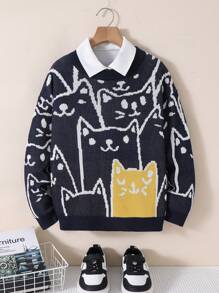 Tween Boys' Casual Cartoon Pattern Round Neck Pullover Long Sleeve Knit Sweater