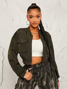 SHEIN SXY Veste utilitaire courte à revers et poches rabattables, de couleur unie, pour l'automne. Idéale pour les tenues d'automne, d'hiver, de Thanksgiving, du Nouvel An et de festival
