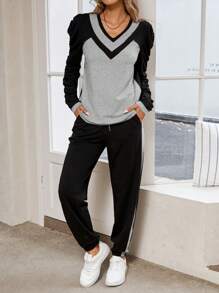 SHEIN LUNE 2pcs/Set Casual Color Block Long Sleeve Top And Long Pants Set, Autumn,Casual - Multicolor - View 5