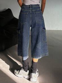 DAZY Pantalones vaqueros de pierna ancha con bolsillos cargo y ajuste holgado casual para mujeres, pantalones cortos de mezclilla