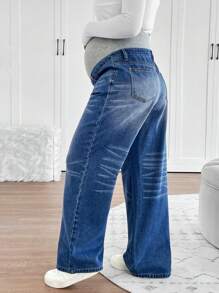SHEIN Maternity Grey Knit Belly Support Blue Denim Loose Fit Pants - Blue - View 2