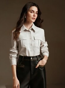 Anewsta Damen Retro Langarm Lederhemd, hochwertiges Gefühl - Beige - Übersicht 4