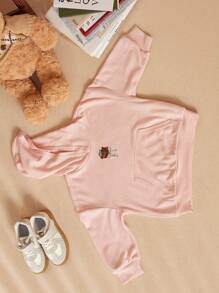 SHEIN Young Girls Embroidered Pink Sweatshirt Knit Long Sleeve Sweatshirts, Fashion School Style For Back To School Season, Autumn/Winter - Pink - View 4