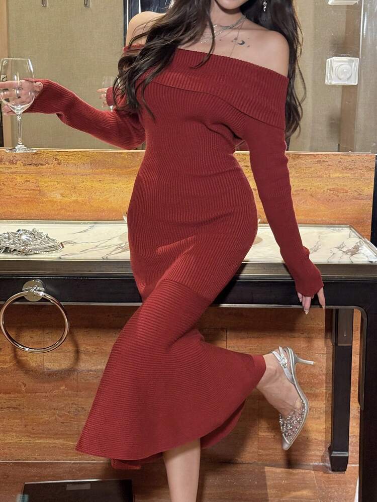 Valentine's Day Solid Color Off Shoulder Knitted Dress For Women,Fall Clothes Women Sweater Dresses Red Women Dresses Prom Dress Christmas