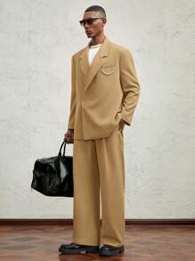 AKNOTIC Formal Blazer Pria Anyaman Tali Lebar dengan Rantai Logam Longgar, Kasual, Kerah Lebar, Bagian Depan Terbuka, Warna Cokelat Muda, untuk Musim Gugur dan Musim Dingin - Coklat - View 3