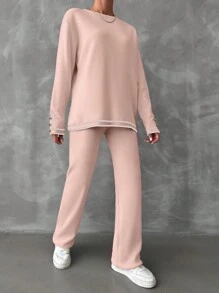 SHEIN Cottnline 女款圓領長袖毛衣與針織長褲休閒兩件套，秋冬款 - 粉色 - 查看 5
