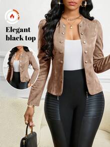 SHEIN Lady Four Season/ Attire/ Suede Black Button Detail Open Front Jacket In Fall/Winter - Khaki - View 1