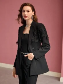 MOTF PREMIUM CONTRAST LACE DOUBLE BREASTED BLAZER - Black - View 7