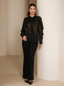 Aveloria Rosie 优雅精致浪漫缎面雪纺纹理面料荷叶边领口系带袖口女士长袖衬衫适合春夏秋季情人节 - 黑色 - 查看 6