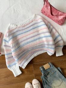 SHEIN EZwear Damen Off-Shoulder gestreifter Pullover, einfach und modisch, geeignet für Frühling und Herbst