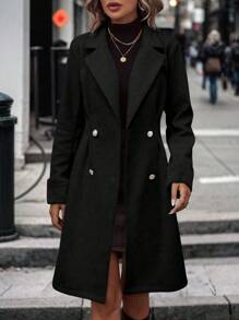 SHEIN LUNE Lapel Neck Double Breasted Overcoat Fall Winter Cloth For Women - Black - View 4
