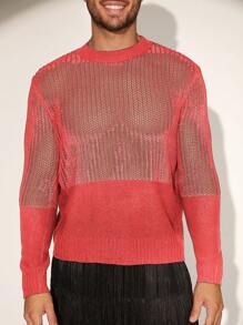 FeverCity Men's Autumn Fashionable Sexy Hollow-Out Patchwork Sheer Knit Sweater