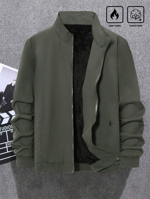 Manfinity Homme Chaqueta de invierno de talla grande para hombre, de unicolor, con bolsillo con cremallera frontal, diseño minimalista