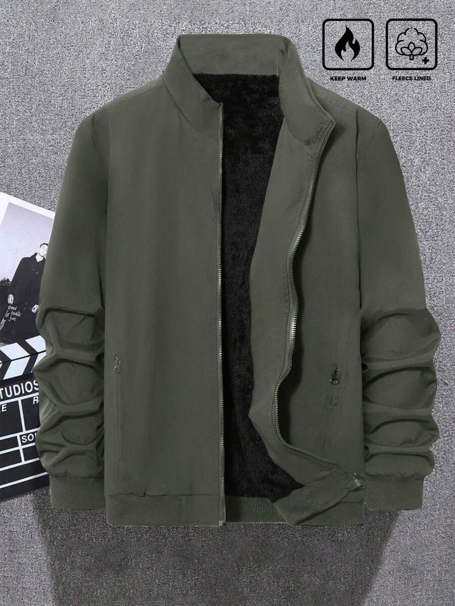 Manfinity Homme Plus Size Men's Solid Color Front Zipper Pocket Minimalist Winter Jacket - Army Green - View 1