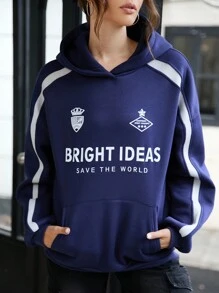 Women's Blue Long Sleeve Sweatshirt, Casual Sports Style For Back To School, Campus Fashion Pullover Fall - Blue - View 5