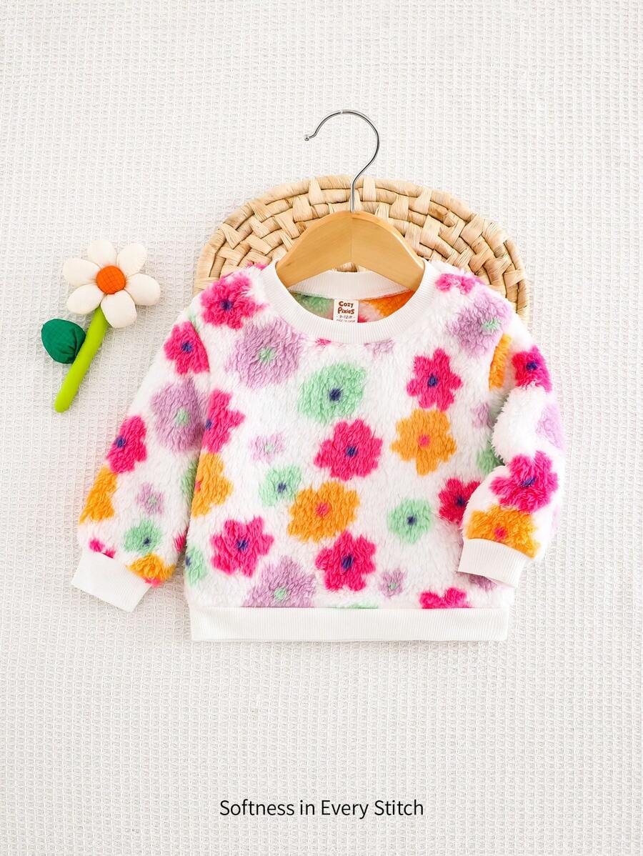 Cozy Pixies Baby Girl Strawberry Pattern Crew Neck Long Sleeve Pullover Sweatshirt, Casual Versatile Thick Thermal Lined - White - View 1