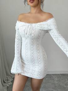 Chiquease 女士对比色蕾丝露肩长袖前系带优雅短裙、蕾丝派对礼服、露肩连衣裙 - 白色 - 查看 6